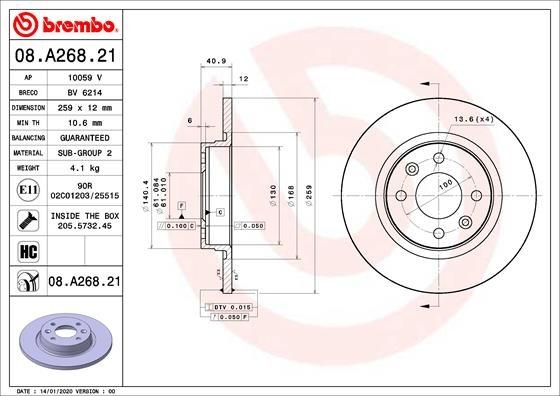 Original 08.A268.21 BREMBO Brake disc kit DACIA