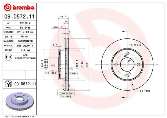 Brake disc BREMBO 09.D572.11 - Suzuki Ignis III (MF) Brake components spare parts order