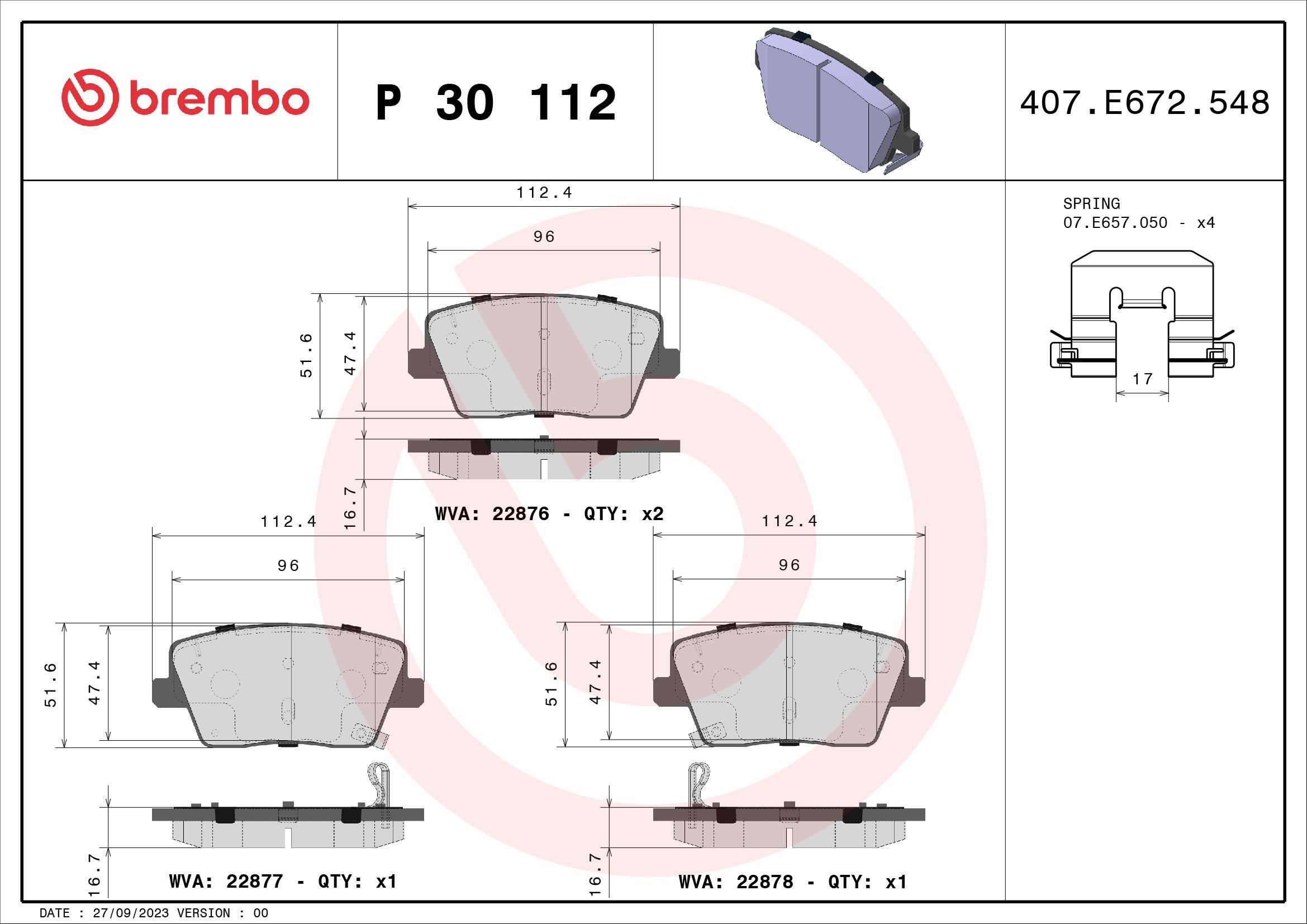 BREMBO P30112 Brake pad set 58302 S0A30