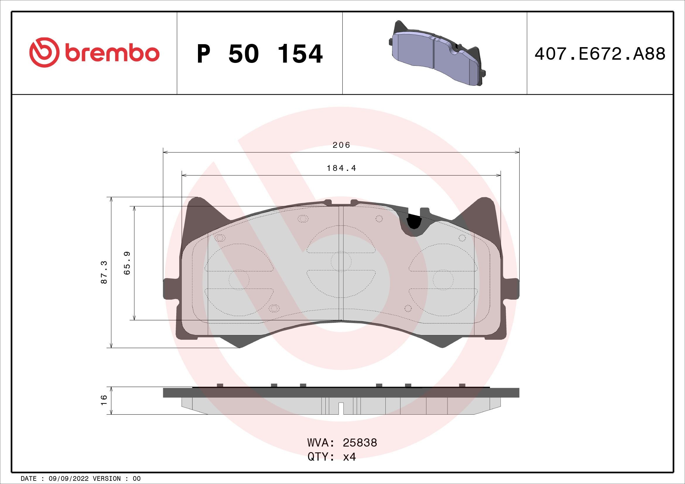 BREMBO prepared for wear indicator, with anti-squeak plate, with accessories Height: 87mm, Width: 206mm, Thickness: 16mm Brake pads P 50 154 buy