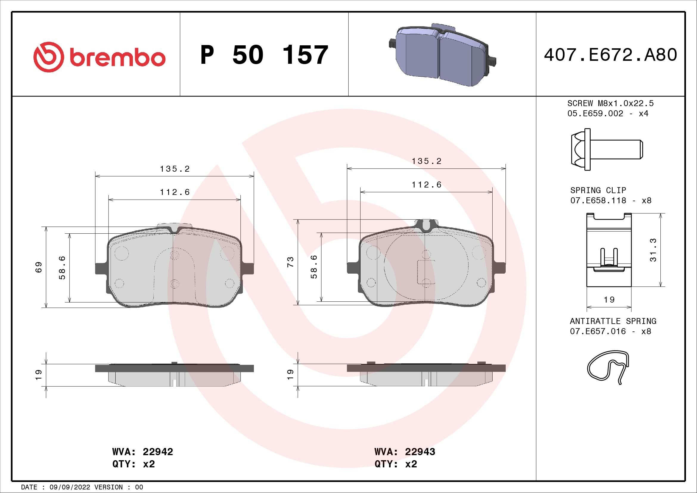 BREMBO Pastiglie freno MERCEDES-BENZ Classe B (W247) 2022 posteriori e anteriori P 50 157