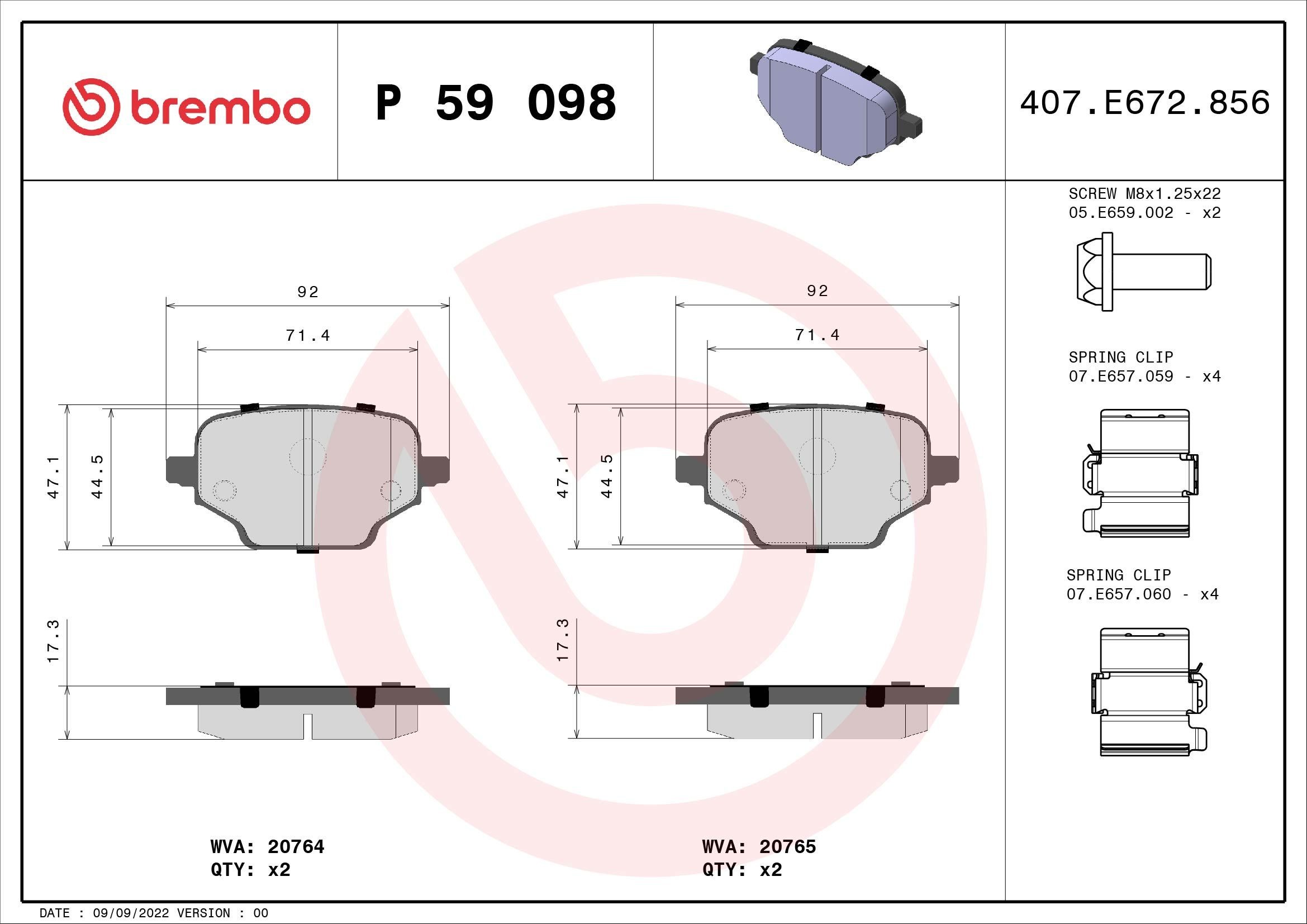 BREMBO P 59 098 Brake pad set excl. wear warning contact, with brake caliper screws, with accessories