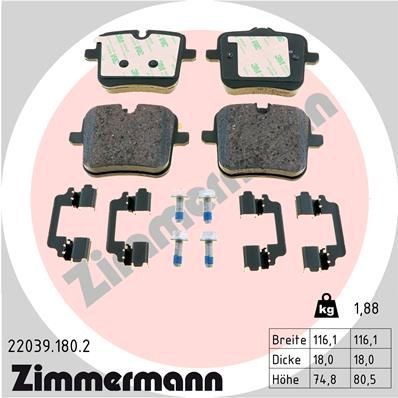 22039 ZIMMERMANN prepared for wear indicator, with bolts/screws, Photo corresponds to scope of supply, with sliding plate Height 1: 75mm, Height 2: 80mm, Width: 116mm, Thickness: 18mm Brake pads 22039.180.2 buy