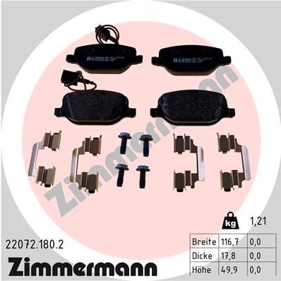 22072 ZIMMERMANN incl. wear warning contact, with bolts/screws, Photo corresponds to scope of supply, with sliding plate Height: 50mm, Width: 117mm, Thickness: 18mm Brake pads 22072.180.2 buy