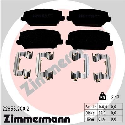 22855 ZIMMERMANN with acoustic wear warning, Photo corresponds to scope of supply, with sliding plate Height: 61mm, Width: 141mm, Thickness: 20mm Brake pads 22855.200.2 buy
