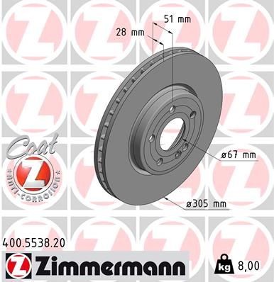 ZIMMERMANN 400.5538.20 Brake disc 305x28mm, 6/5, 5x112, internally vented, Coated, High-carbon