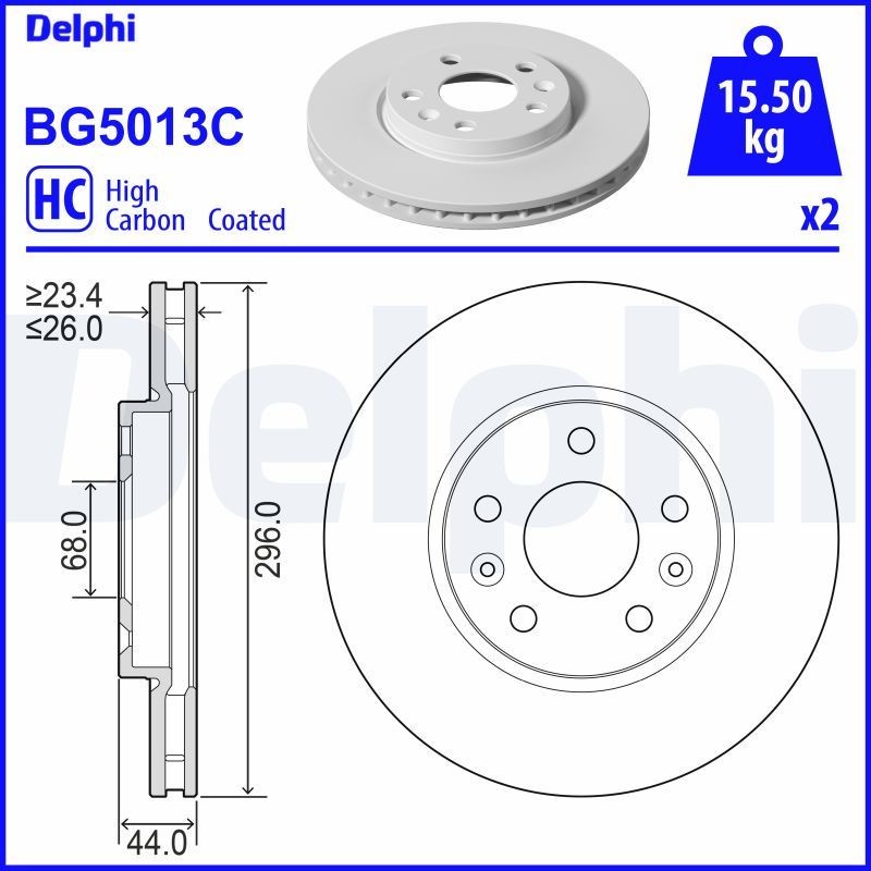 DELPHI BG5013C Brake disc 296x26mm, 5, Vented, Coated, High-carbon