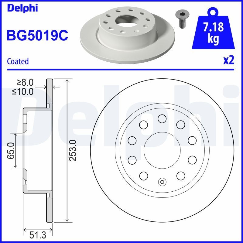 BG5019C Brake discs BG5019C DELPHI 253x10mm, 5, solid, Coated, Untreated