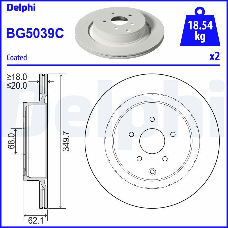 DELPHI BG5039C Brake disc 350x20mm, 5, Vented, Coated, Untreated