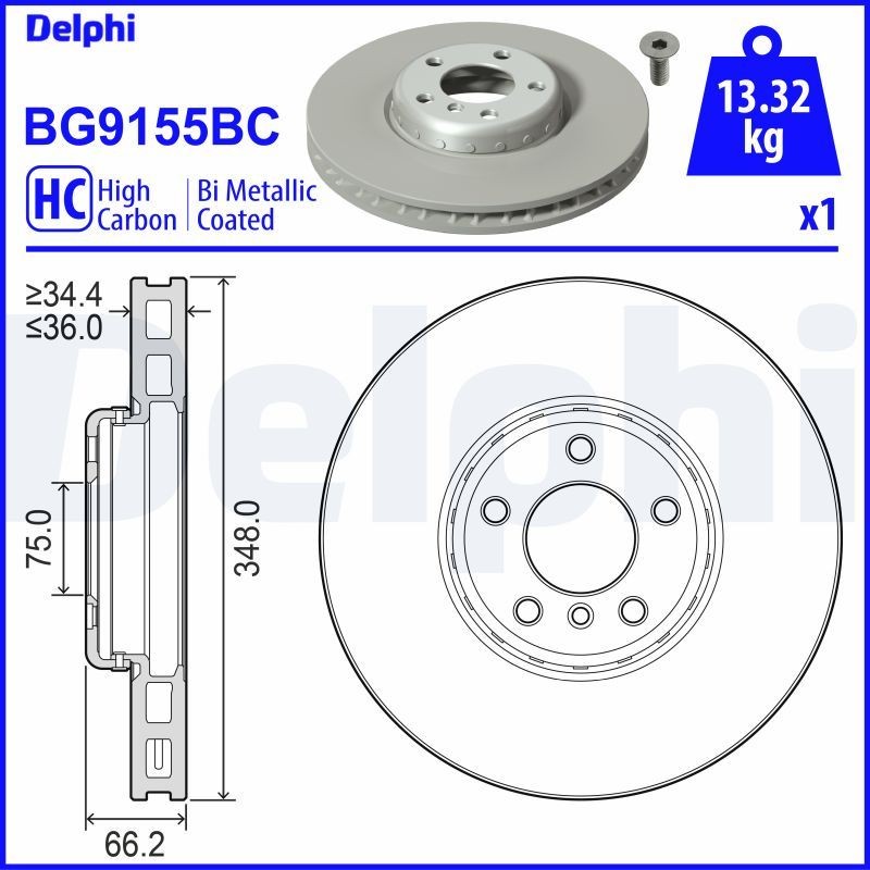 DELPHI 348x36mm, 5, Vented, two-part brake disc, Coated, High-carbon Ø: 348mm, Num. of holes: 5, Brake Disc Thickness: 36mm Brake rotor BG9155BC buy