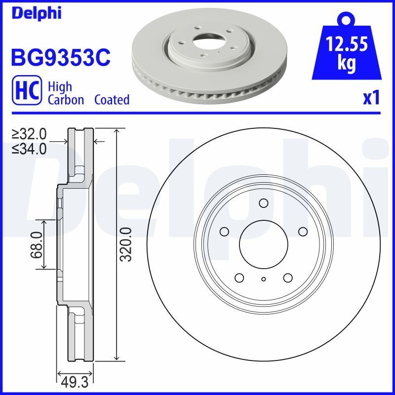 DELPHI BG9353C Brake disc 320x34mm, 5, Vented, Coated, High-carbon