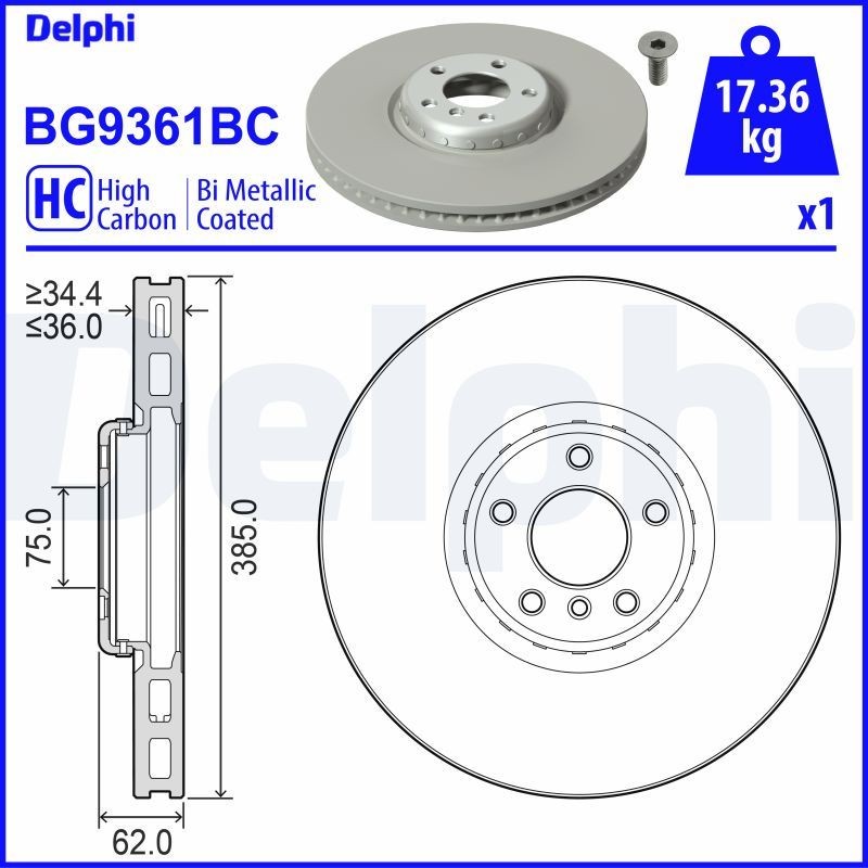 DELPHI 385x36mm, 5, Vented, two-part brake disc, Coated, High-carbon Ø: 385mm, Num. of holes: 5, Brake Disc Thickness: 36mm Brake rotor BG9361BC buy
