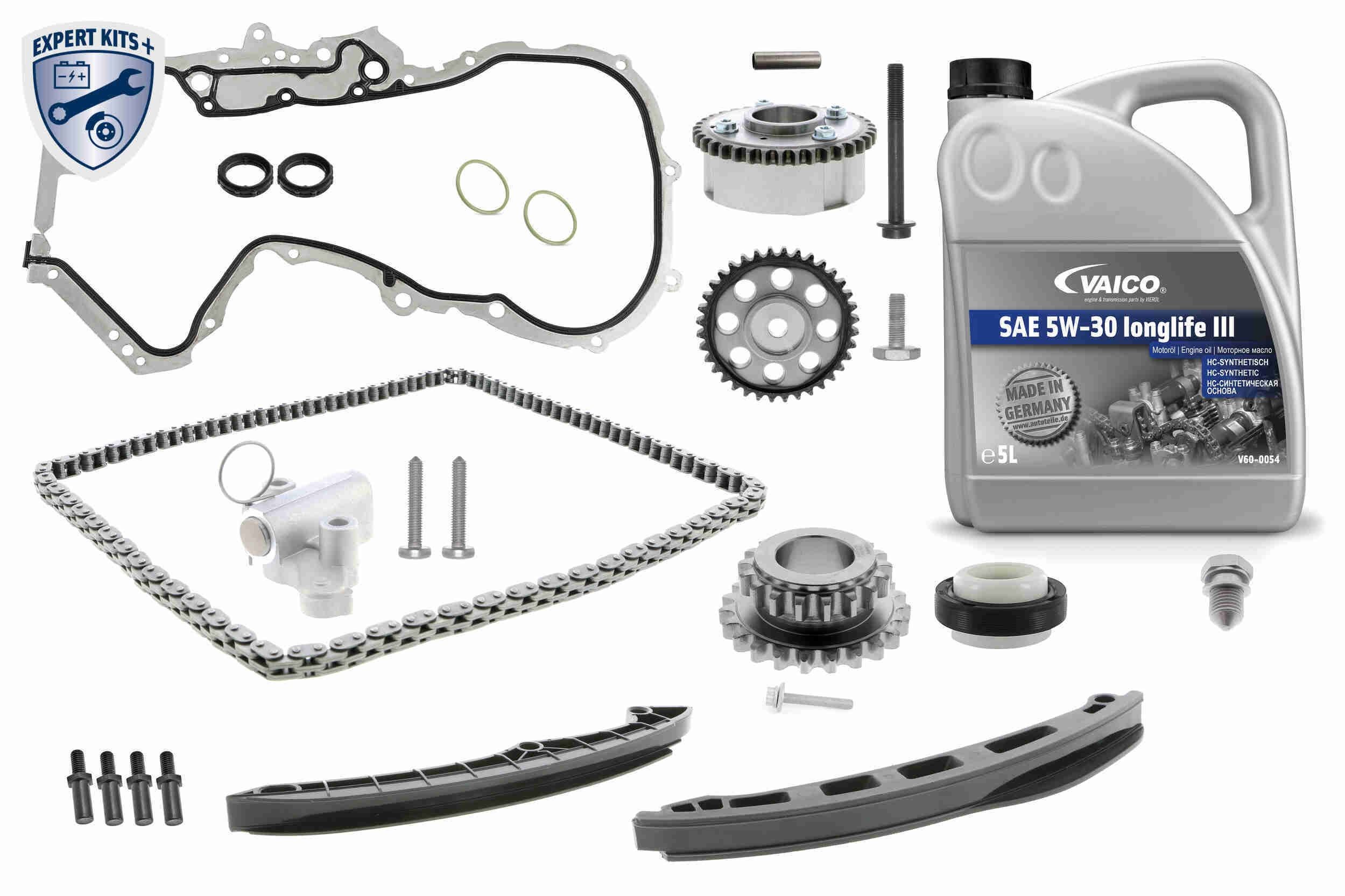 03C 109 158 A VAICO with accessories, with camshaft gear, with camshaft adjuster, with chain tensioner, with slide rails, with gaskets, with bolts/screws, for camshaft, with oil quantity for standard oil change, with control housing gasket, Closed chain, Silent Chain Timing chain set V10-10026 buy