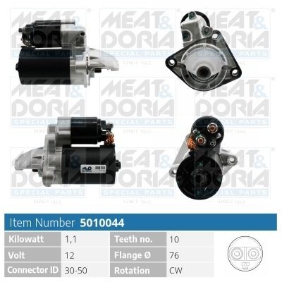 MEAT & DORIA 5010044 Starter motor 12V, 1,1kW, Number of Teeth: 10, 30-50, Ø 76 mm