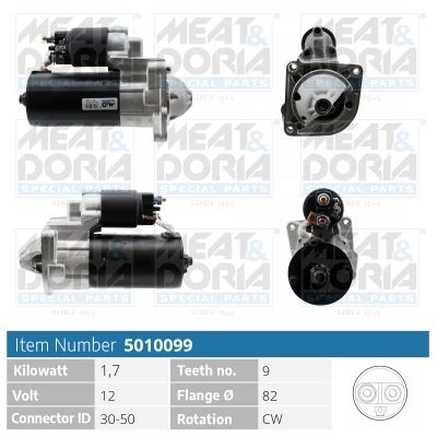 MEAT & DORIA 5010099 Starter motor 12V, 1,7kW, Number of Teeth: 9, 30-50, Ø 82 mm