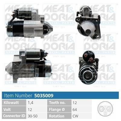 MEAT & DORIA 5035009 Starter motor 12V, 1,4kW, Number of Teeth: 12, 30-50, Ø 64 mm