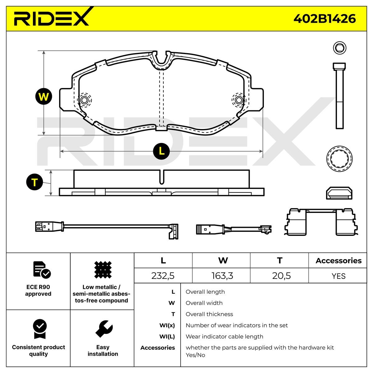 402B1426 Set of brake pads 402B1426 RIDEX Front Axle, prepared for wear indicator, with anti-squeak plate