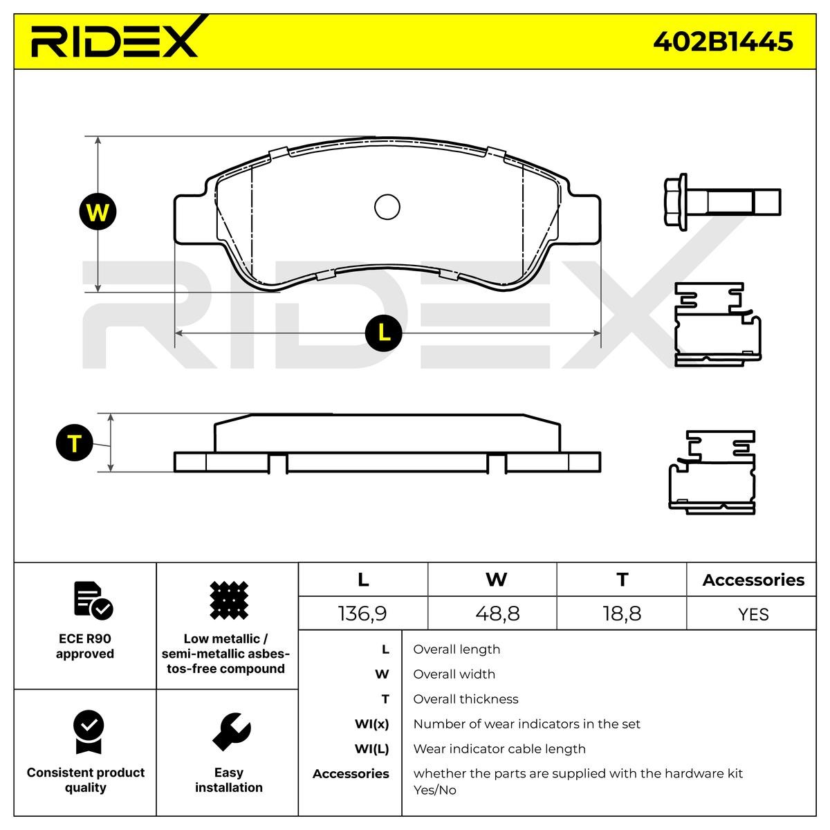 402B1445 Set of brake pads 402B1445 RIDEX Rear Axle