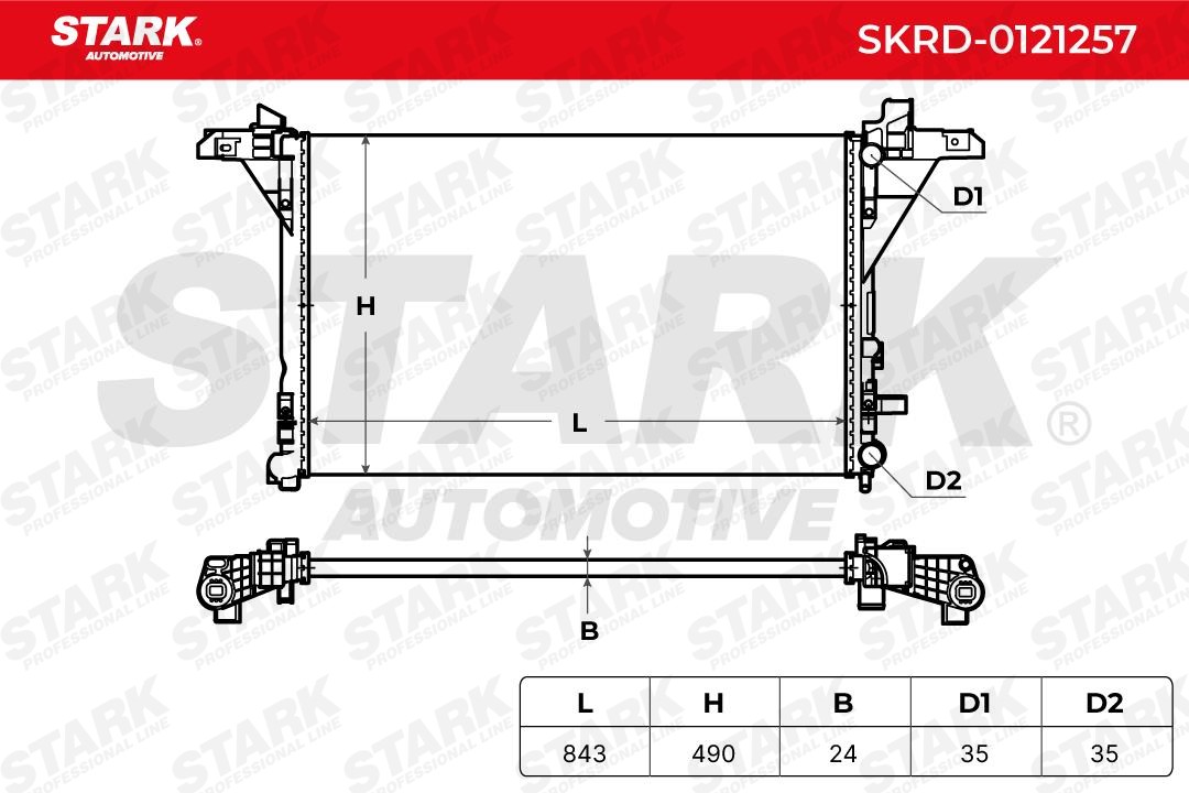 SKRD-0121257 Radiator SKRD-0121257 STARK Aluminium, for vehicles without air conditioning, 776 x 480 x 26 mm, Manual Transmission, Mechanically jointed cooling fins