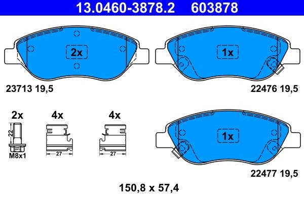13.0460-3878.2 Set of brake pads 23713 ATE with acoustic wear warning, with brake caliper screws, with accessories