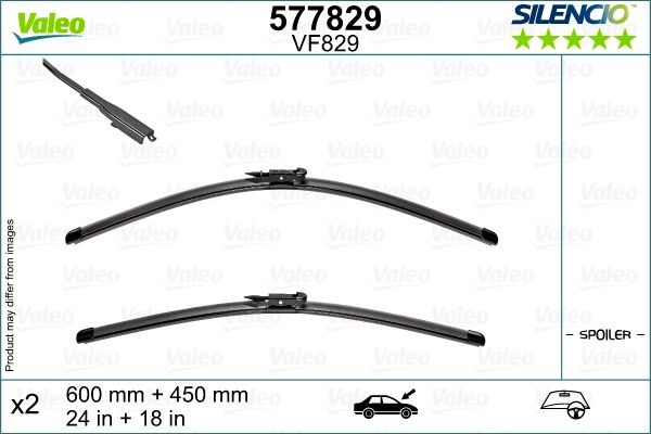 VF829 VALEO 600, 450 mm Front, Flat wiper blade, with spoiler, for right-hand drive vehicles Styling: with spoiler, Left-/right-hand drive vehicles: for right-hand drive vehicles Wiper blades 577829 buy