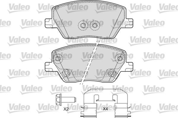 VALEO 601697 Brake pad set Front Axle, incl. wear warning contact, with bolts/screws, with anti-squeak plate, with slide rails
