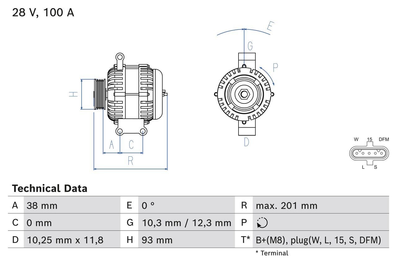 BOSCH 0 986 084 520 Alternator 28V, 100A, PL82, excl. vacuum pump, Ø 93 mm