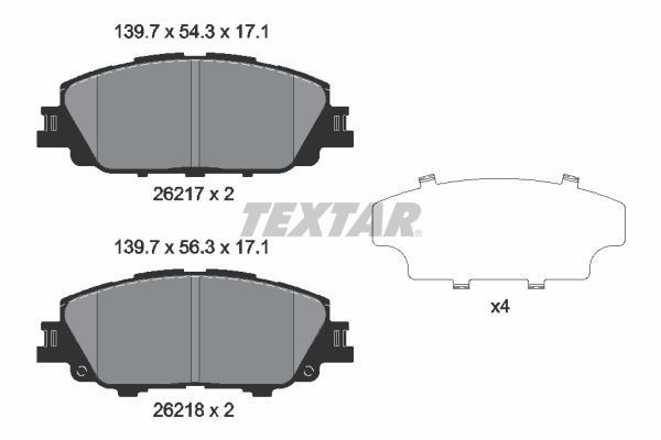 26217 TEXTAR not prepared for wear indicator, with brake caliper screws Height 1: 54,3mm, Height 2: 56,3mm, Width: 139,7mm, Thickness: 17,1mm Brake pads 2621701 buy