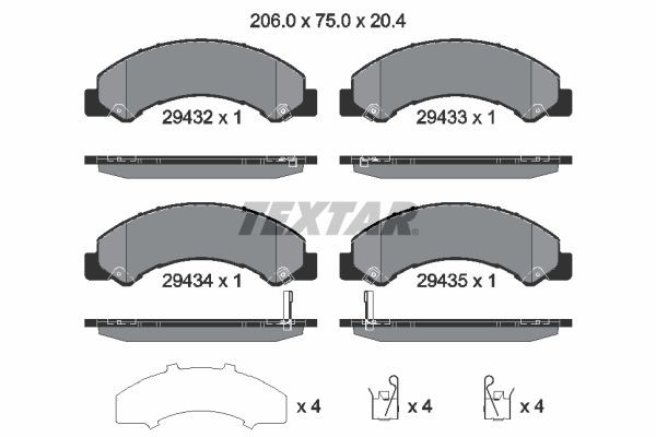 29432 TEXTAR with acoustic wear warning, with accessories Height: 75mm, Width: 206mm, Thickness: 20,4mm Brake pads 2943201 buy