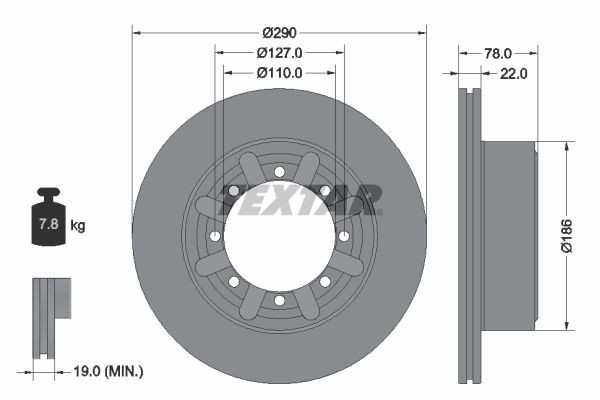TEXTAR 92322303 Brake disc 290x22mm, 08/08x127, internally vented, Coated