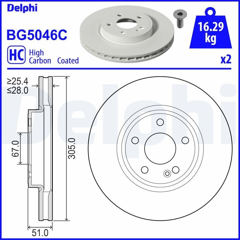 DELPHI BG5046C Brake disc 305x28mm, 5, Vented, Coated, High-carbon