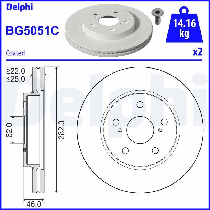 DELPHI BG5051C Brake disc 282x25mm, 5, Vented, Coated, Untreated