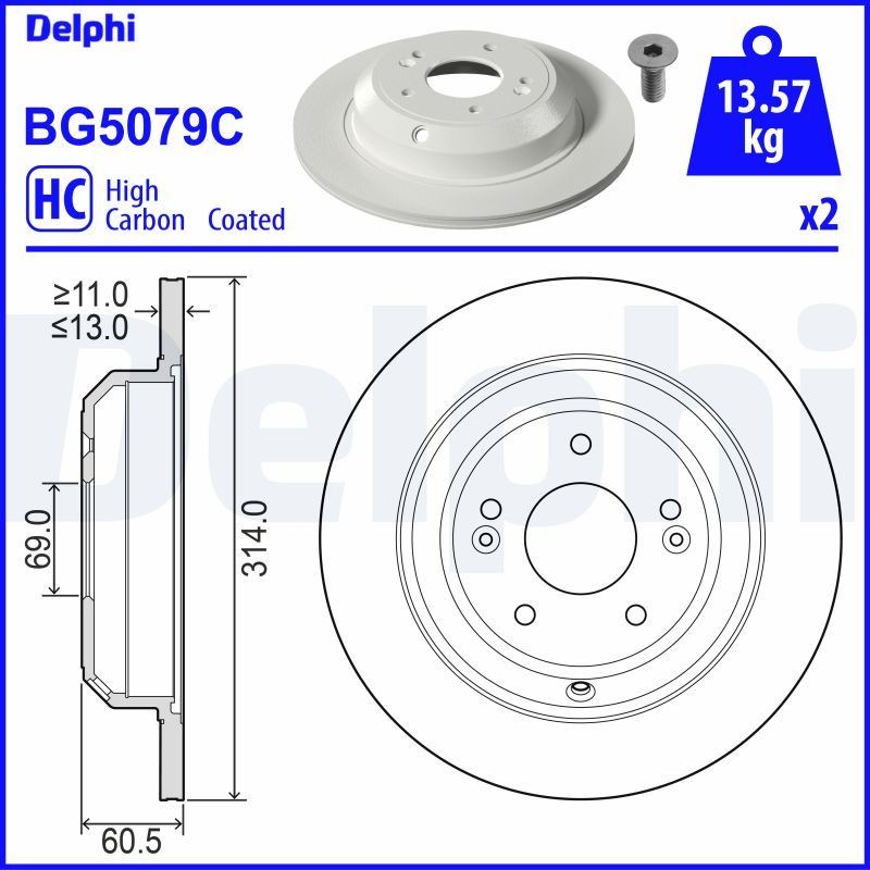 DELPHI 314x13mm, 5, solid, Coated, High-carbon Ø: 314mm, Num. of holes: 5, Brake Disc Thickness: 13mm Brake rotor BG5079C buy