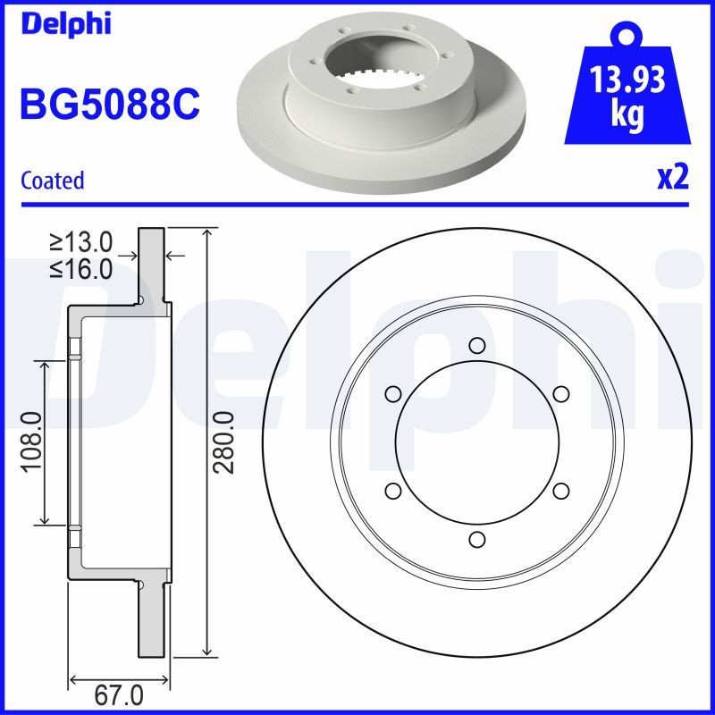 DELPHI BG5088C Brake disc 280x16mm, 6, solid, Coated, Untreated