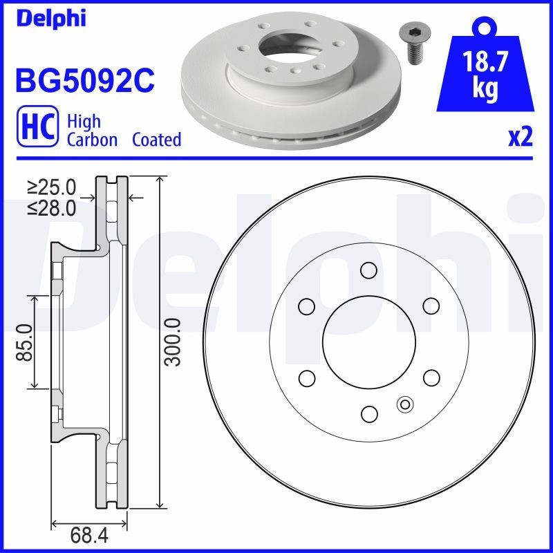 DELPHI BG5092C Brake disc 300x28mm, 6, Vented, Coated, High-carbon