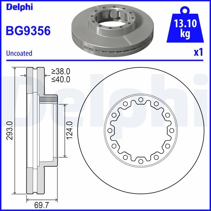 DELPHI 293x40mm, 12, Vented, Oiled, Untreated Ø: 293mm, Num. of holes: 12, Brake Disc Thickness: 40mm Brake rotor BG9356 buy