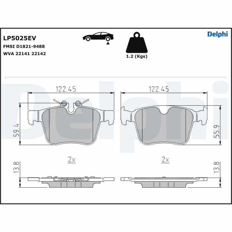 DELPHI prepared for wear indicator, with anti-squeak plate, with accessories Height 1: 59,4mm, Height 2: 55,9mm, Width 1: 122,5mm, Width 2 [mm]: 122,4mm, Thickness 1: 16,1mm, Thickness 2: 16,1mm Brake pads LP5025EV buy