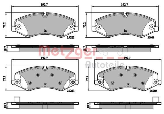 25021 METZGER Front Axle, prepared for wear indicator, with anti-squeak plate Height: 72,2mm, Width: 192,7mm, Thickness: 18,7mm Brake pads 1170879 buy