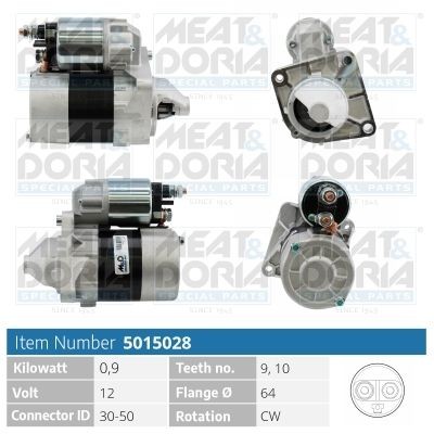 MEAT & DORIA 5015028 Starter motor 12V, 0,9kW, Number of Teeth: 9, 10, 30-50, Ø 64 mm