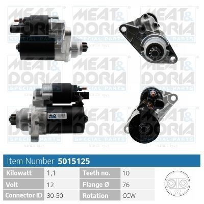 MEAT & DORIA 5015125 Starter motor 12V, 1,1kW, Number of Teeth: 10, 30-50, Ø 76 mm