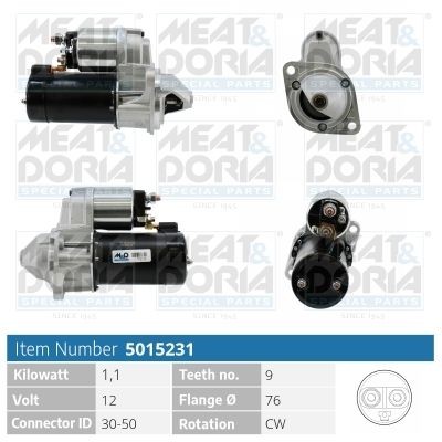 MEAT & DORIA 5015231 Starter motor 12V, 1,1kW, Number of Teeth: 9, 30-50, Ø 76 mm