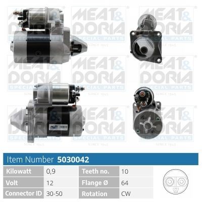 MEAT & DORIA 5030042 Starter motor 12V, 0,9kW, Number of Teeth: 10, 30-50, Ø 64 mm