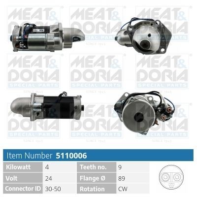 MEAT & DORIA 5110006 Starter motor 24V, 4kW, Number of Teeth: 9, 30-50, Ø 89 mm