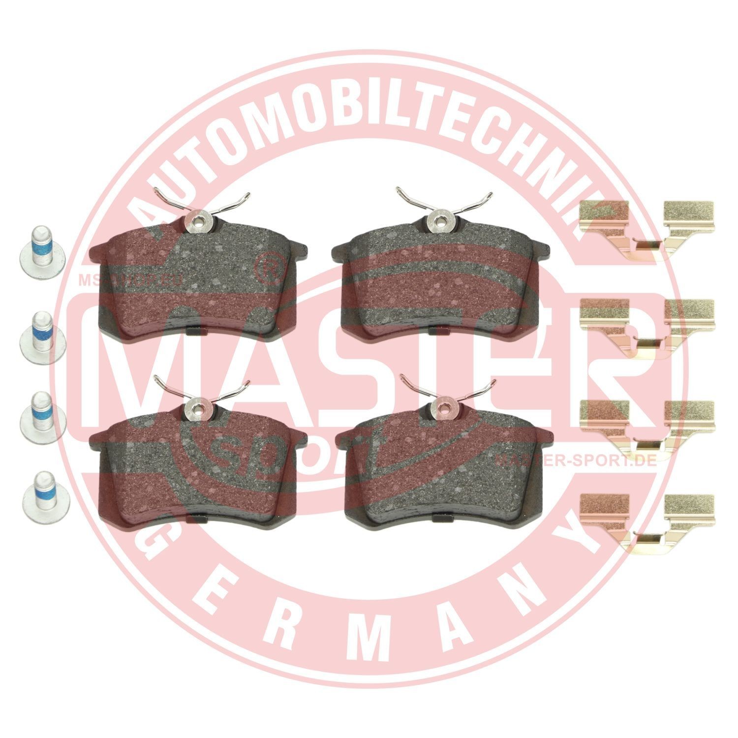 13046027402N-SET-MS MASTER-SPORT Brake pad set RENAULT Rear Axle, not prepared for wear indicator, excl. wear warning contact, with brake caliper screws, with anti-squeak plate, with accessories