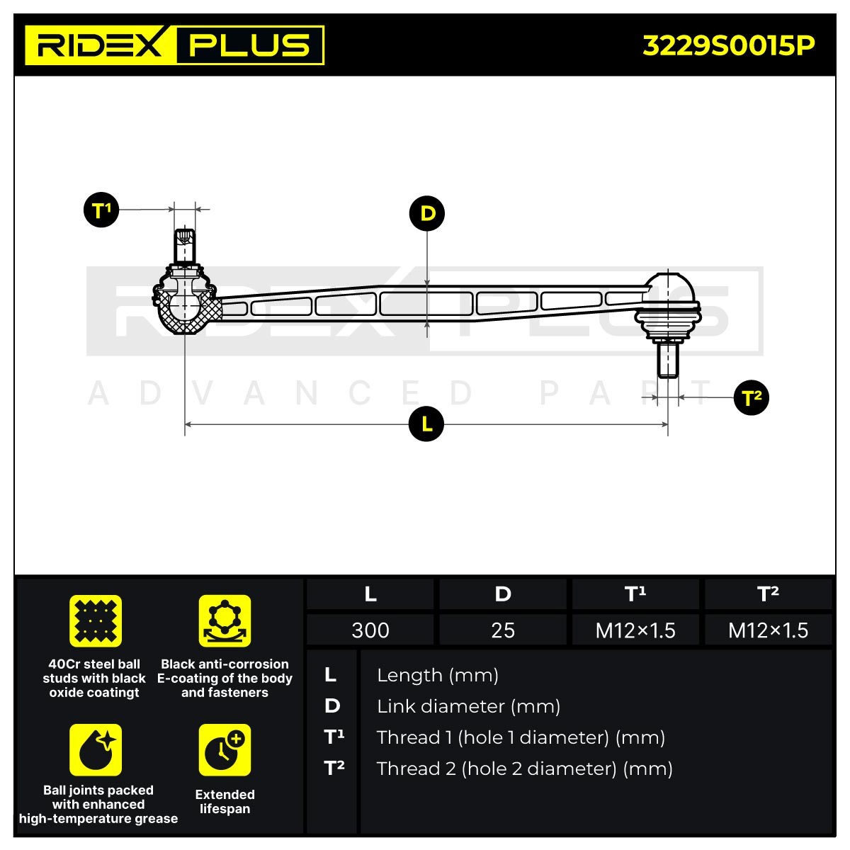 3229S0015P Anti-roll bar linkage 3229S0015P RIDEX PLUS Front Axle Right, Front Axle Left, 270mm, M10x1,5, with spanner attachment