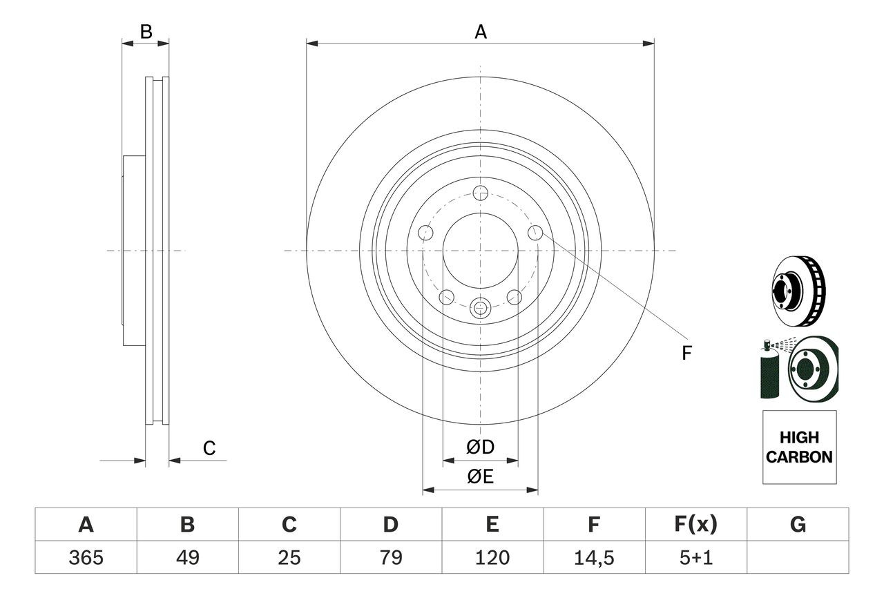 BOSCH 0 986 479 F68 Disco freno 365x25mm, 5x120, ventilato, rivestito, legato /ad alto tenore di carbonio