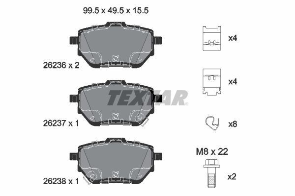 26236 TEXTAR with acoustic wear warning, with brake caliper screws, with accessories Height: 49,5mm, Width: 99,5mm, Thickness: 15,5mm Brake pads 2623601 buy