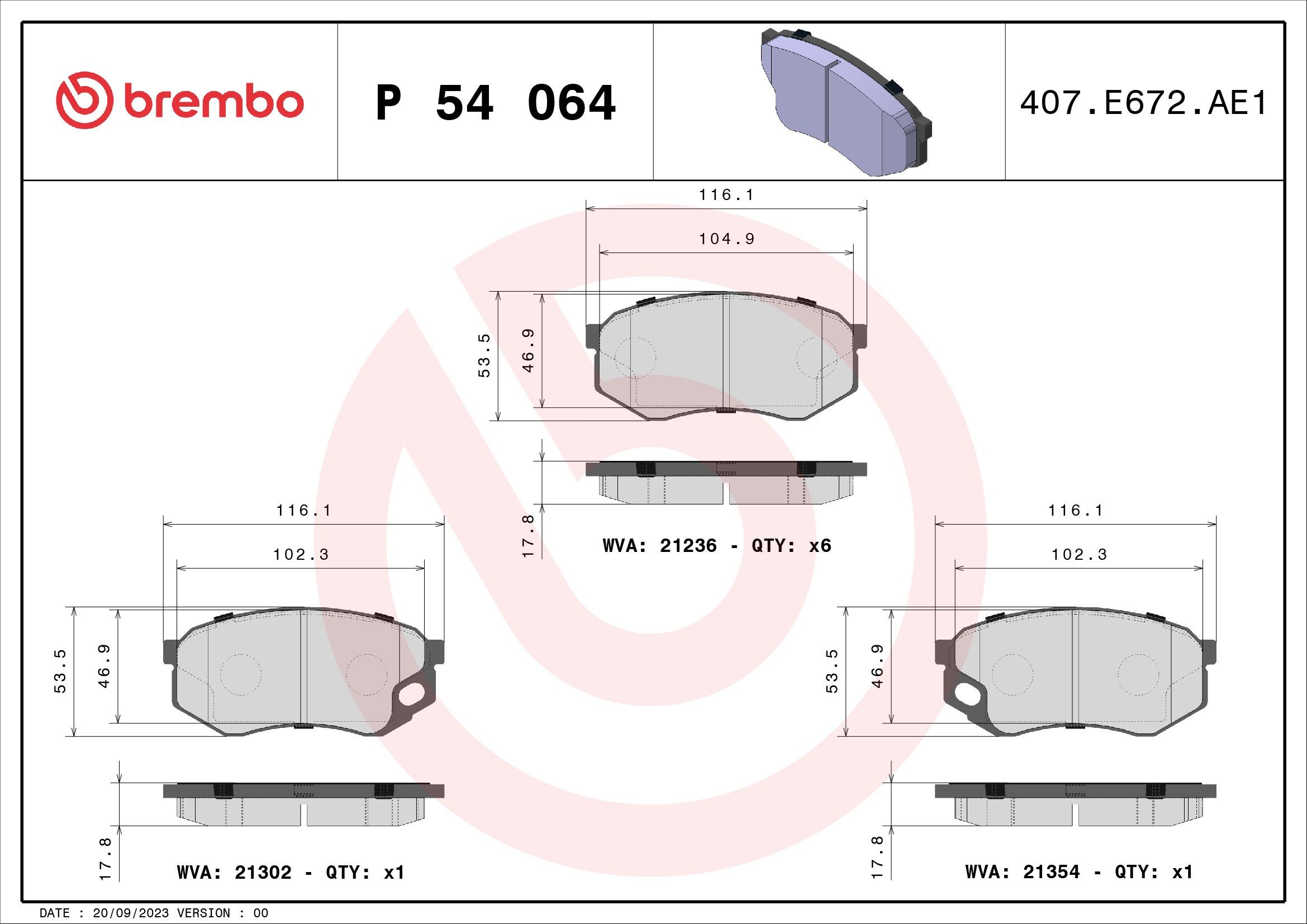 BREMBO excl. wear warning contact, with accessories Height: 54mm, Width: 116mm, Thickness: 18mm Brake pads P 54 064 buy