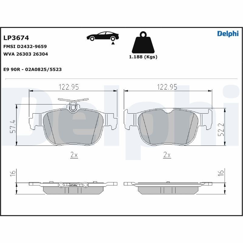 DELPHI not prepared for wear indicator, with anti-squeak plate, without accessories Height 1: 57,4mm, Height 2: 52,2mm, Width 1: 123mm, Width 2 [mm]: 122,9mm, Thickness 1: 16mm, Thickness 2: 16mm Brake pads LP3674 buy