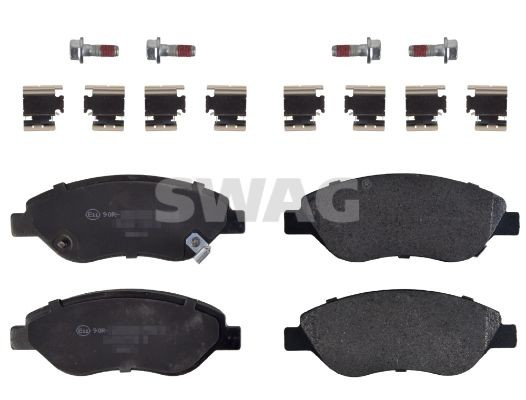 SWAG 33 10 1792 Brake pad set Front Axle, with acoustic wear warning, with brake caliper screws, with fastening material